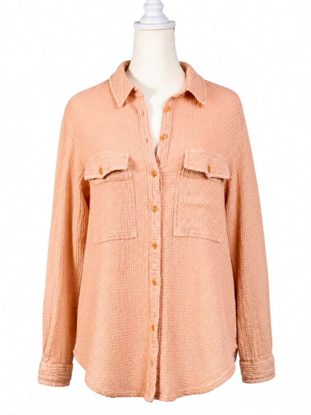 ANTHROPOLOGIE Pilcro Peach Long Sleeve Textured Buttondown Shirt, Size M